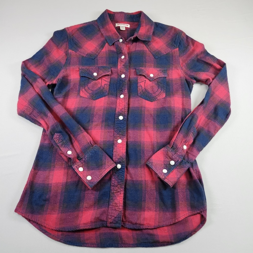 True Religion Shirt Western Plaid Flannel Pearl Snap Women's XS Cowgirl